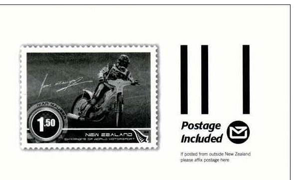 Frankering op achterkant van postwaardestuk Nieuw Zeeland met afbeelding Hugh Anderson