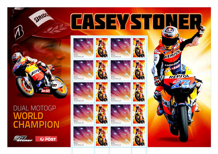 Vel Australische persoonlijke postzegels met Casey Stoner MotoGP Wereldkampioen 2011