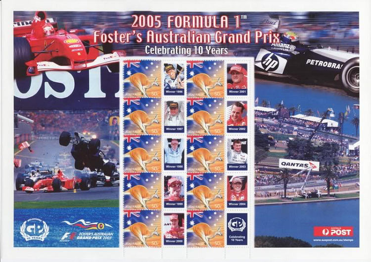 Vel Australische persoonlijke postzegels 10 jaar Fosters F1